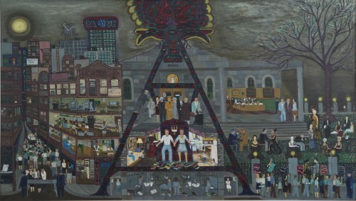 Ralph Fasanella. The Rosenbergs: Grey Day, 1963. Oil on canvas, 42 x 72 in. Andrew Edlin Gallery, New York, and the Estate of Ralph Fasanella.